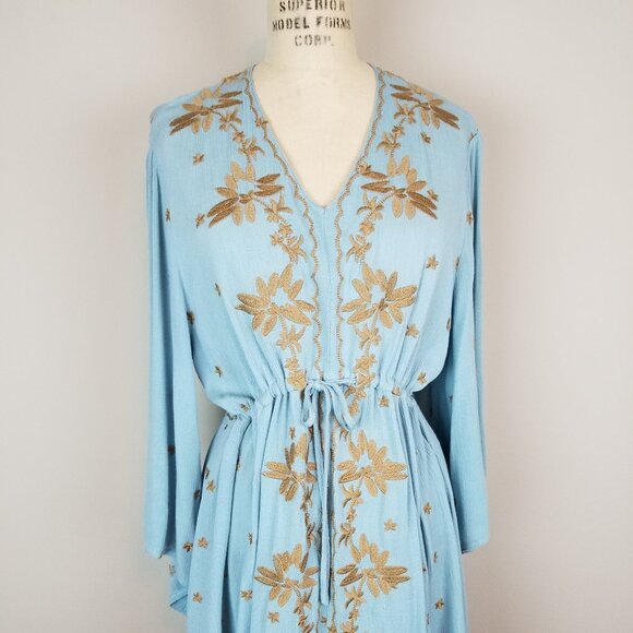 Paparazzi Blue Green Gauzy Dress with Gold Floral Embroidery Women's Size Medium - Picture 3 of 11